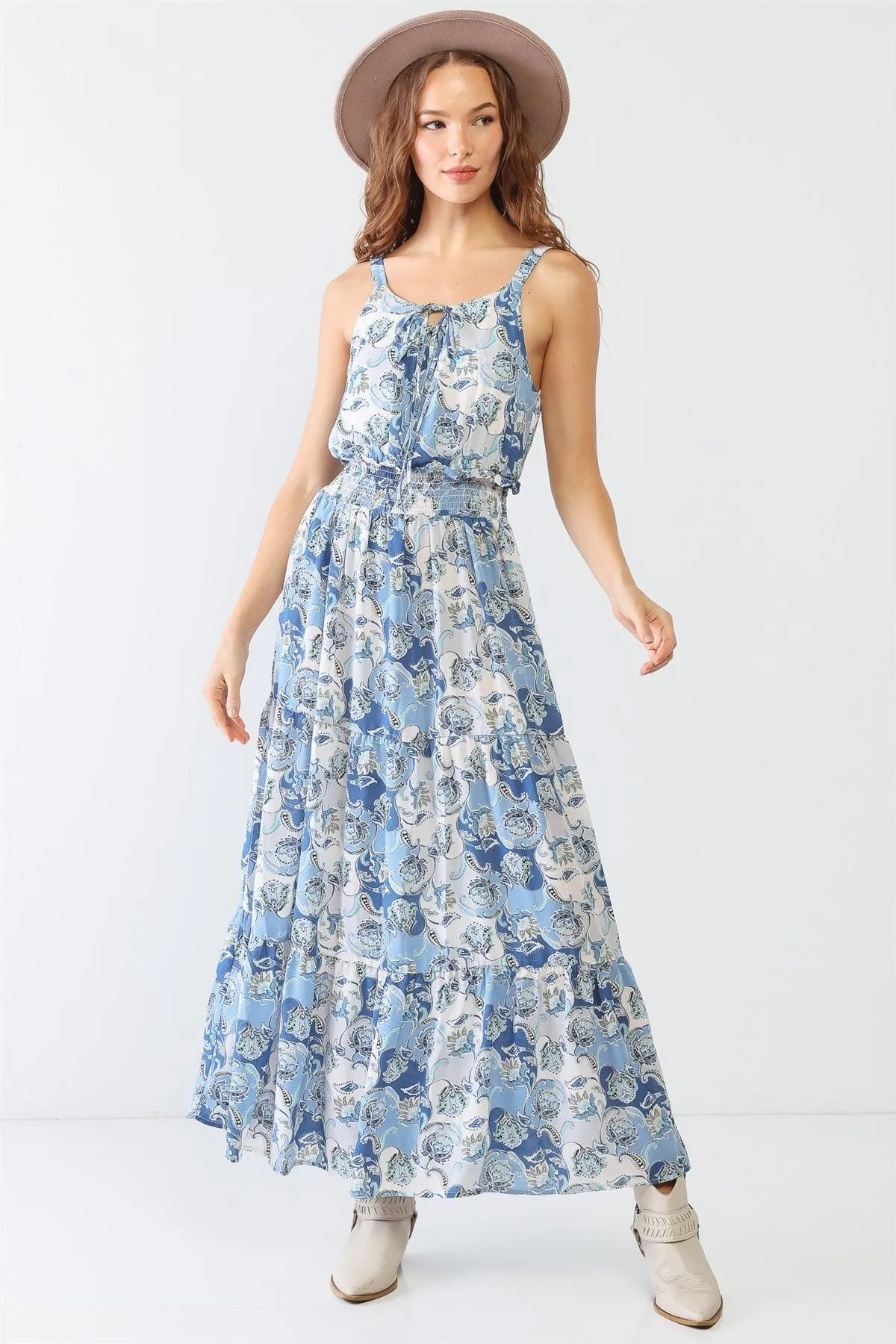 Paisley Strappy Self-Tie Smocked Flare Hem Maxi Dress