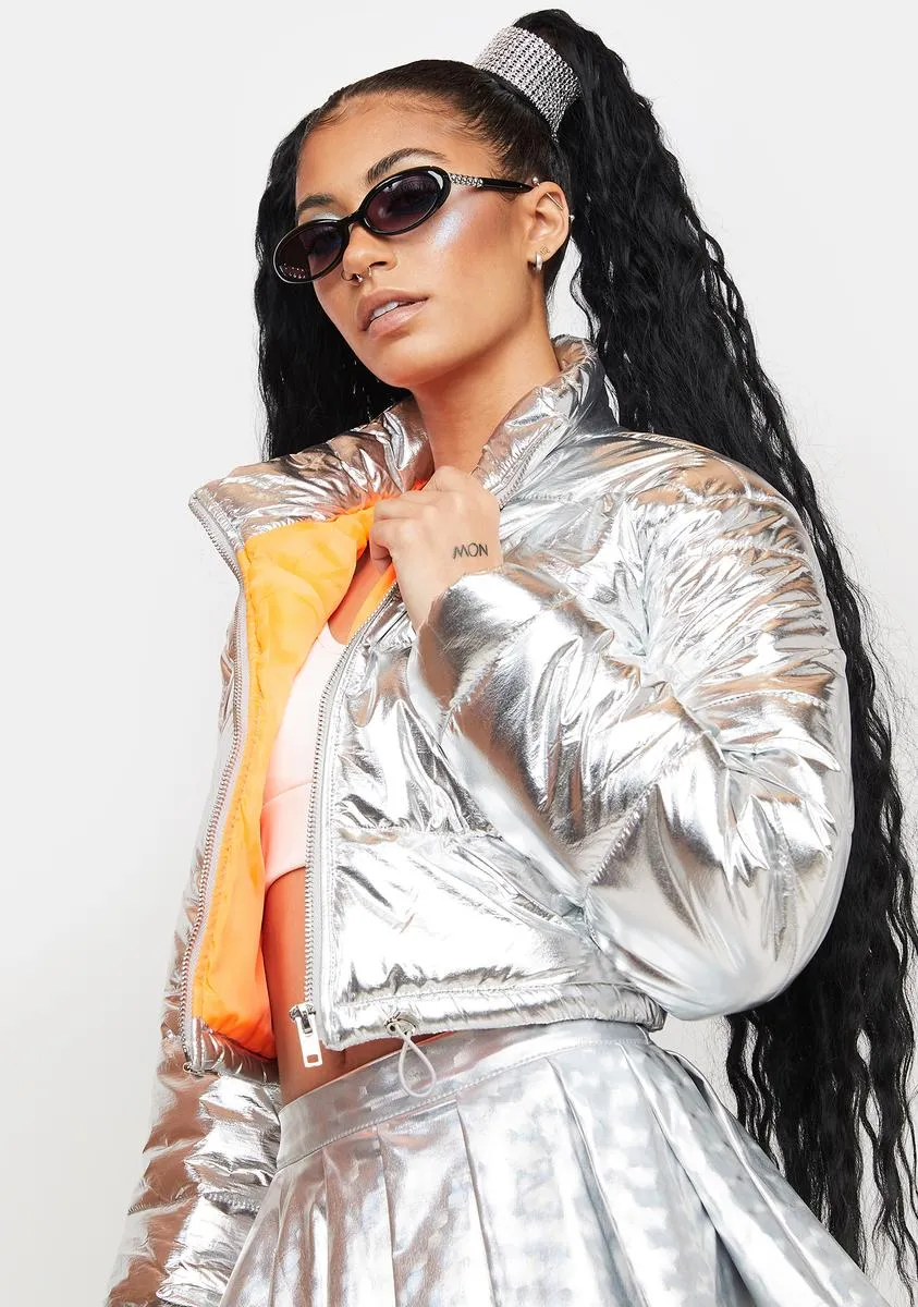 Platinum Celestial Waves Metallic Puffer Jacket