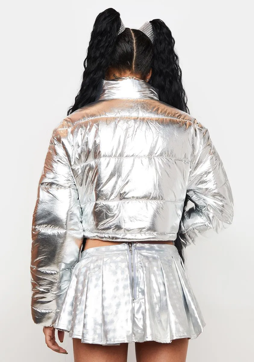 Platinum Celestial Waves Metallic Puffer Jacket