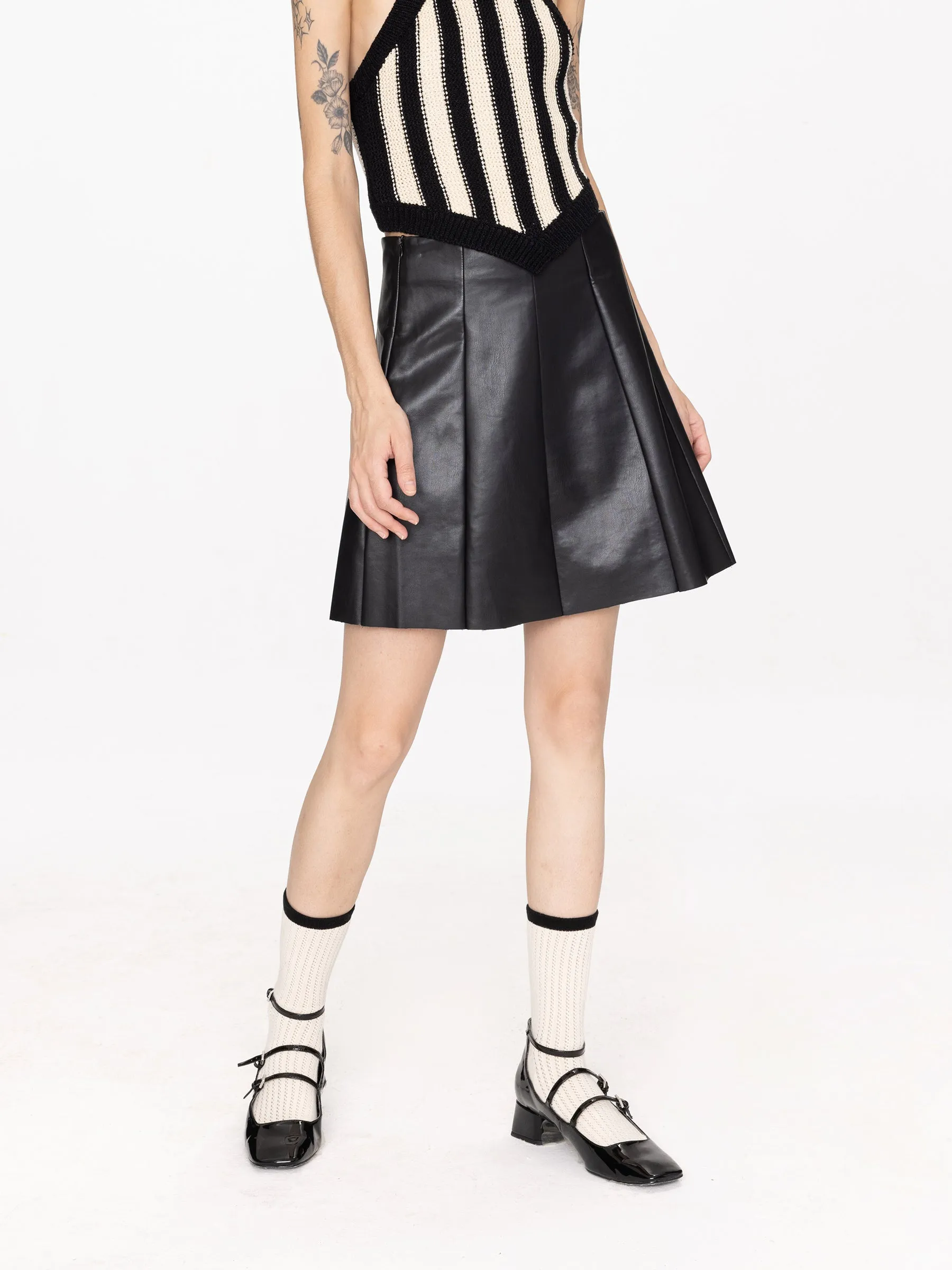 Pleated Faux Leather Skirt