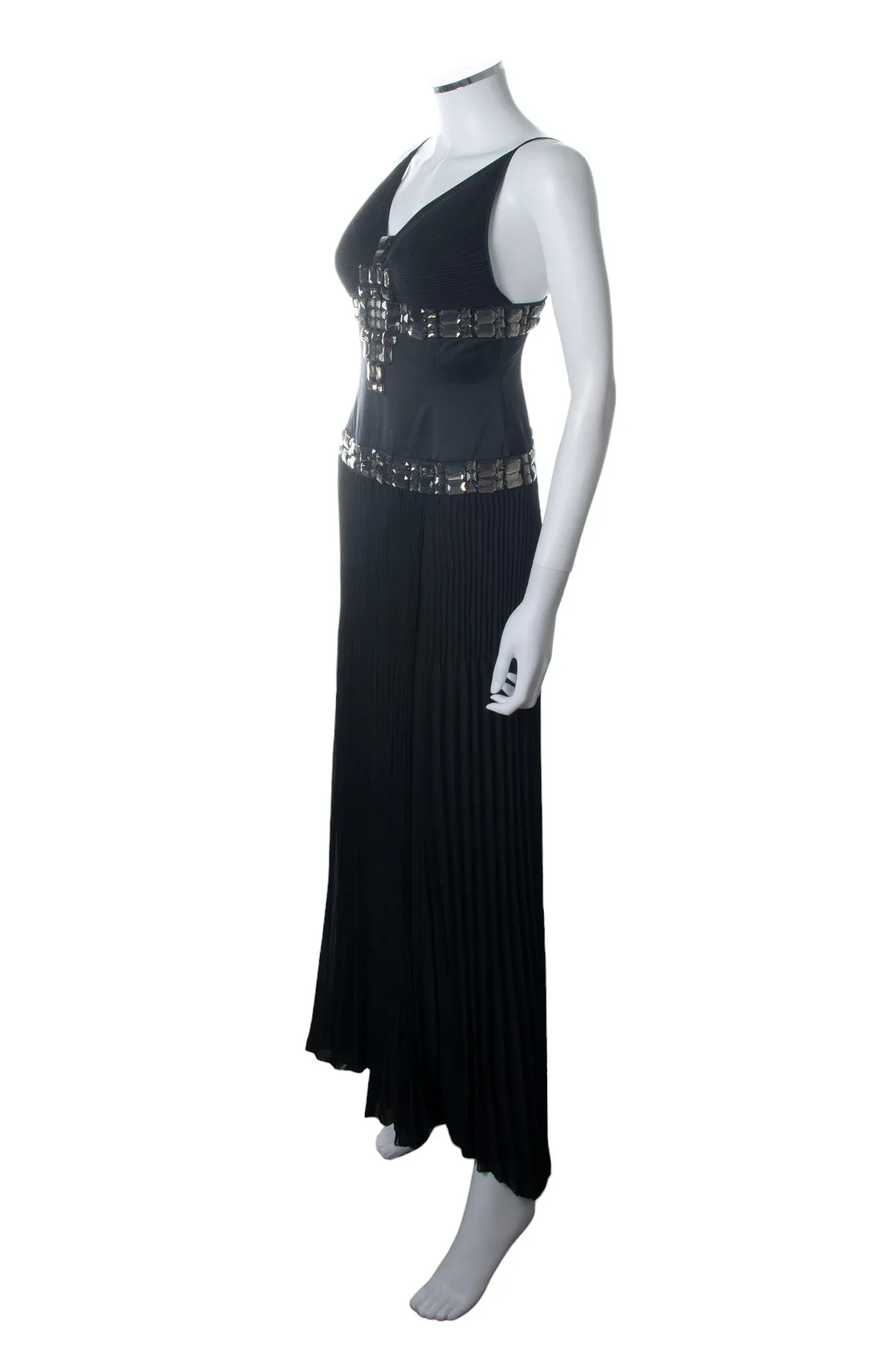 Pleated V Neck Gown with Rhinestones