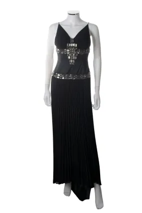 Pleated V Neck Gown with Rhinestones