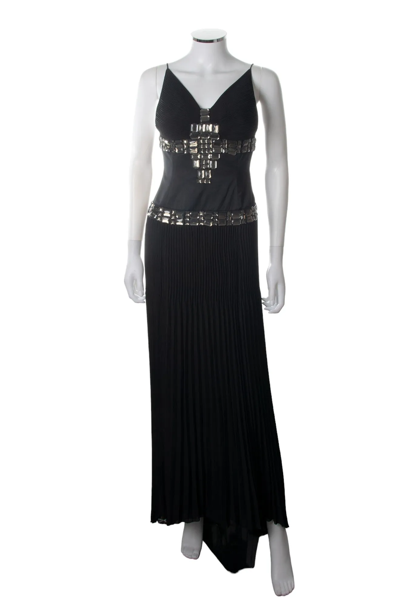 Pleated V Neck Gown with Rhinestones