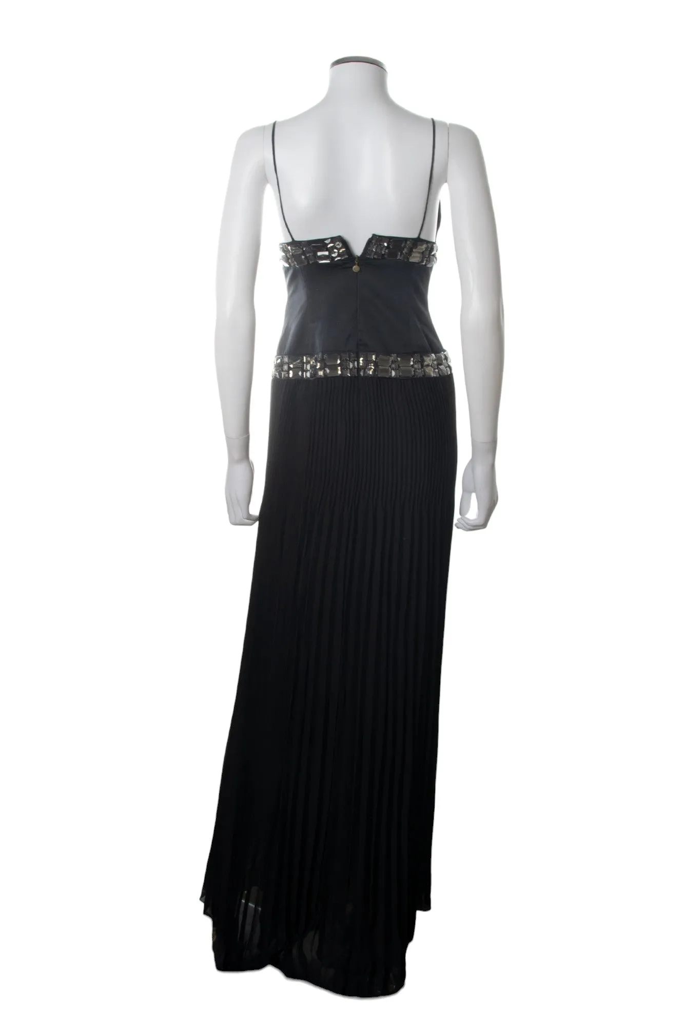 Pleated V Neck Gown with Rhinestones
