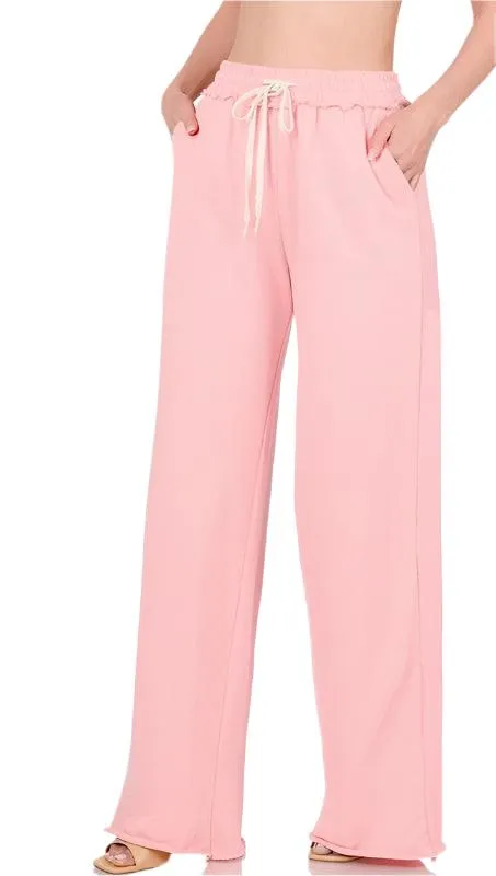 Plus F/Terry Drawstring Waist Raw Edge Hem Pants