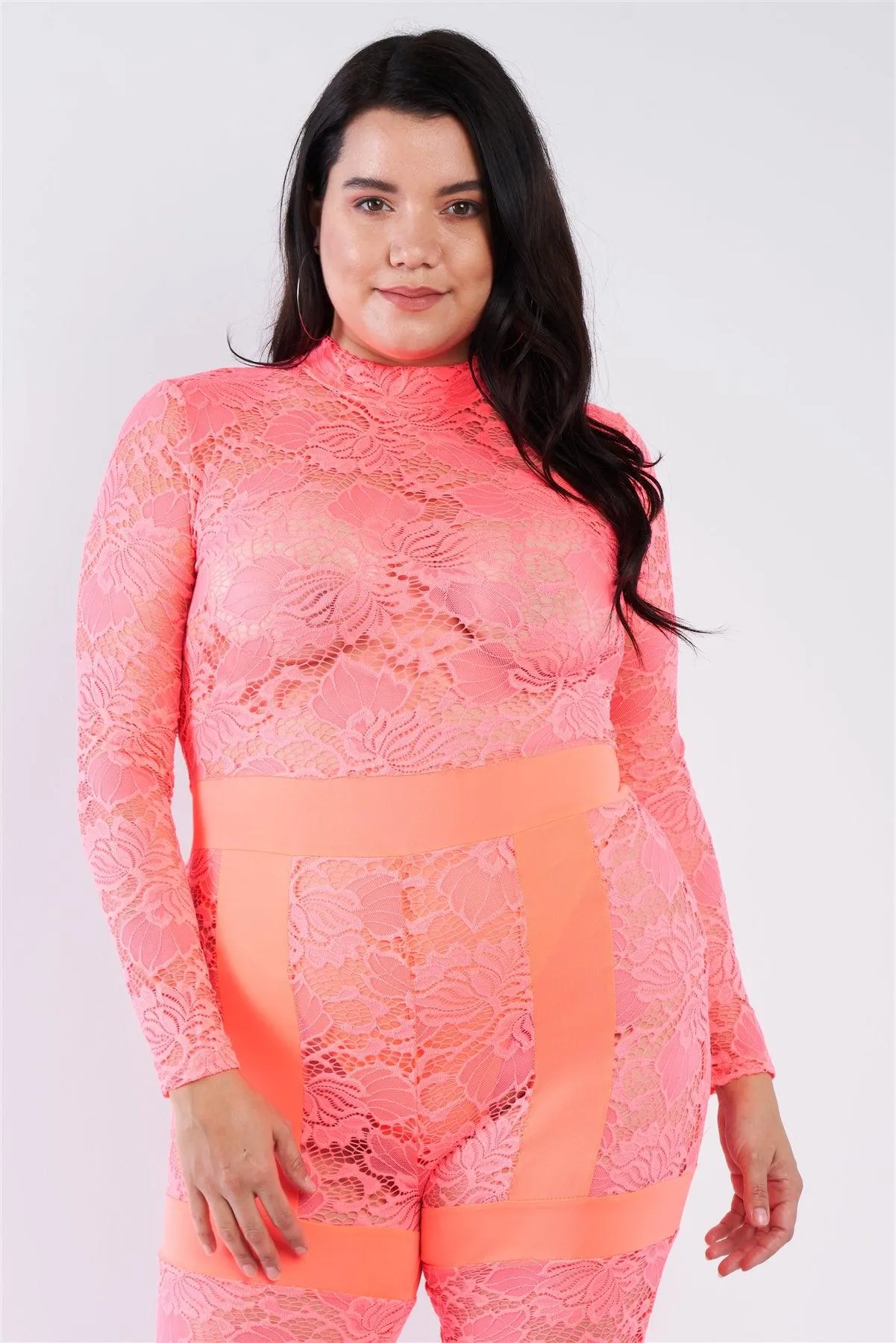 Plus Size Neon Pink Floral Lace Mock Neck Jumpsuit