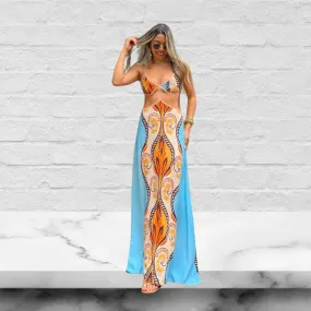 Printed Spaghetti Strap Sleeveless Cut Out Waist Maxi Dress