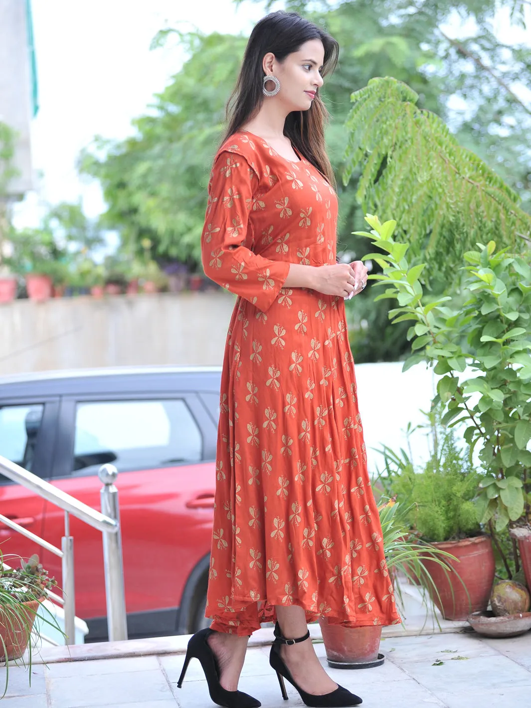 Rayon Orange Women Maxi Long Kurti Gown