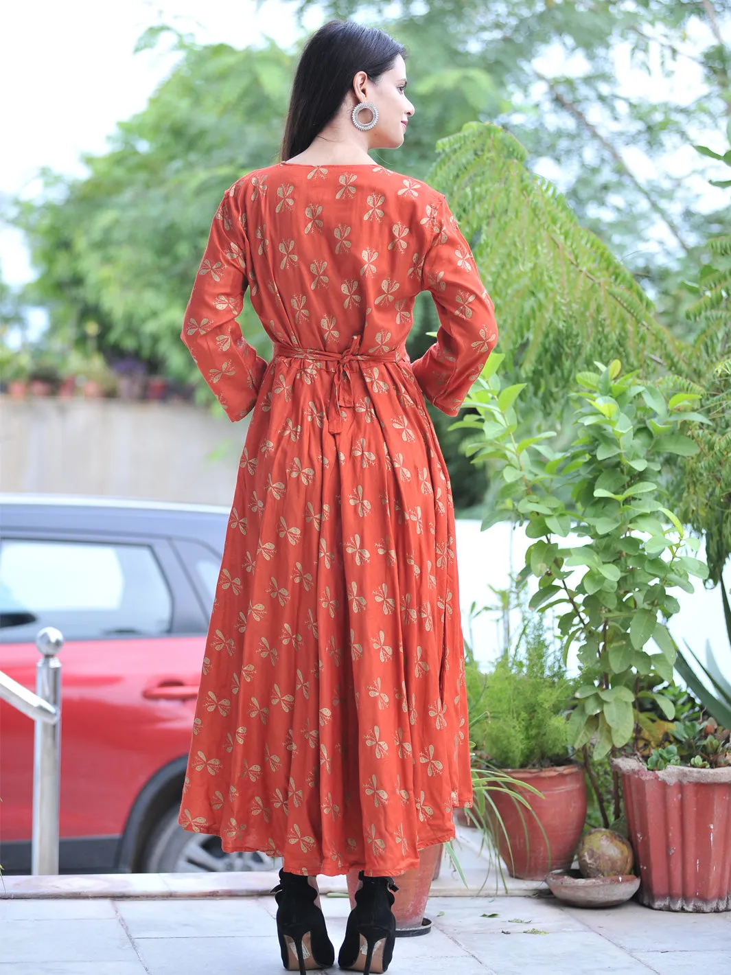 Rayon Orange Women Maxi Long Kurti Gown