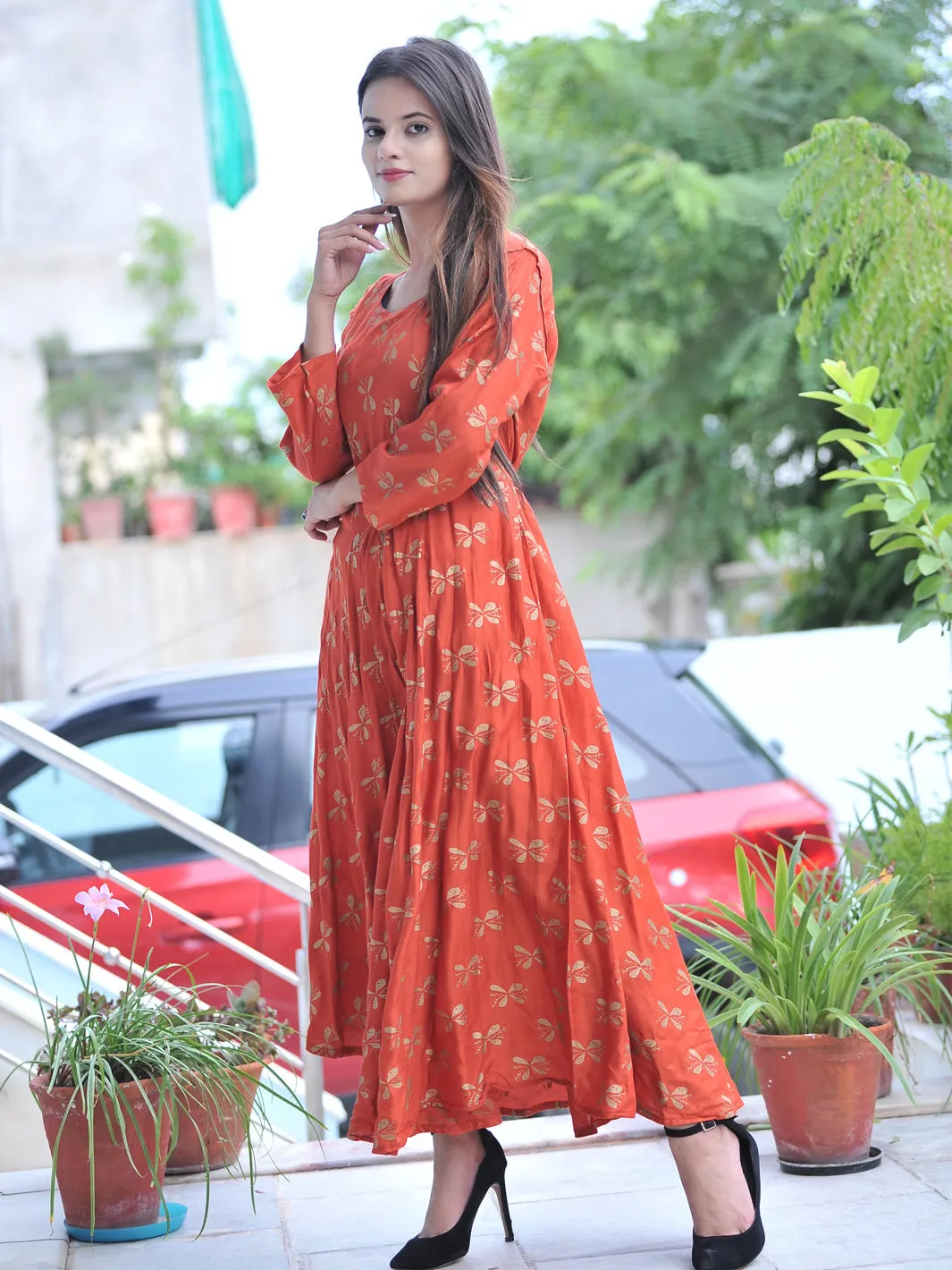Rayon Orange Women Maxi Long Kurti Gown