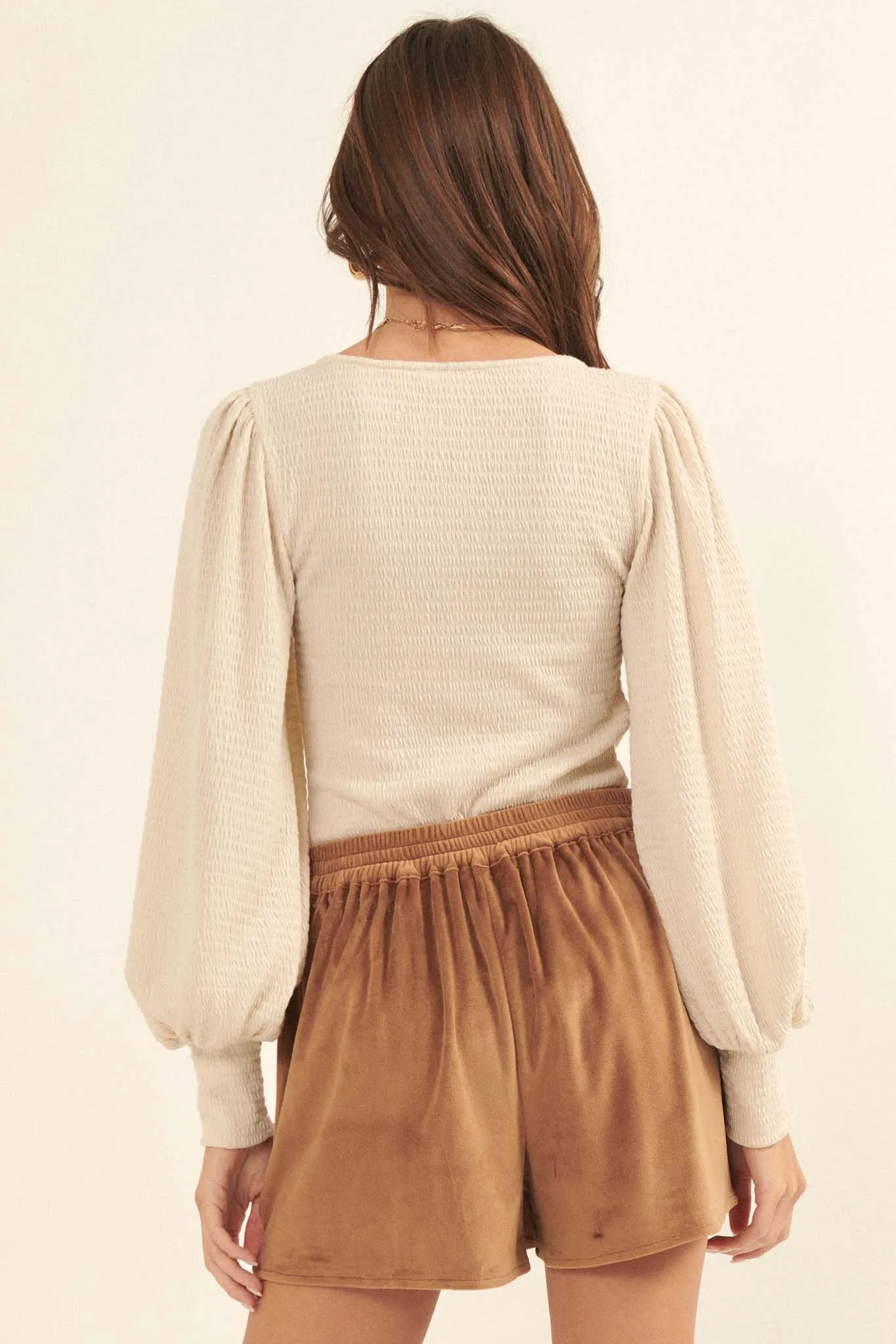Refined Beauty Smocked Bishop-Sleeve Bodysuit