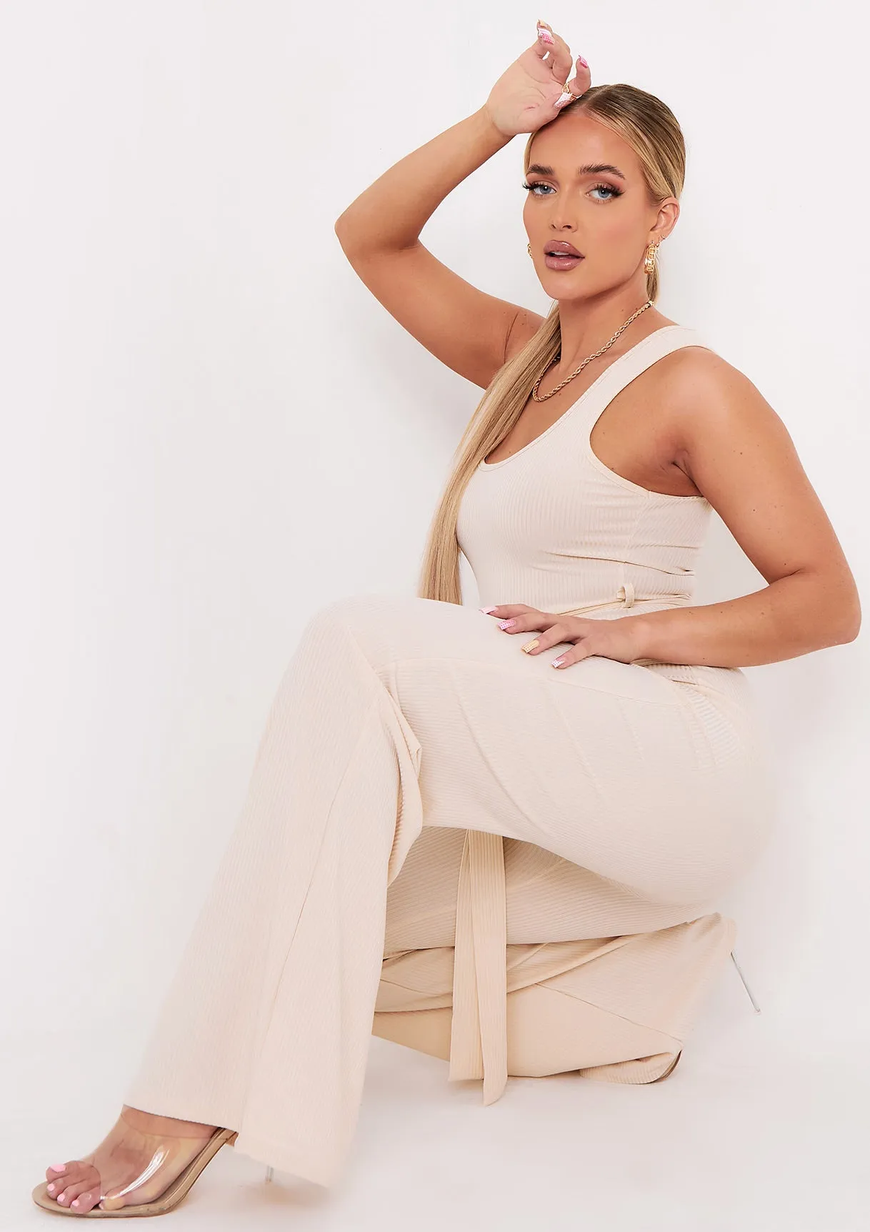 Ruby Beige Ribbed Tie Waist Wide Leg Jumpsuit