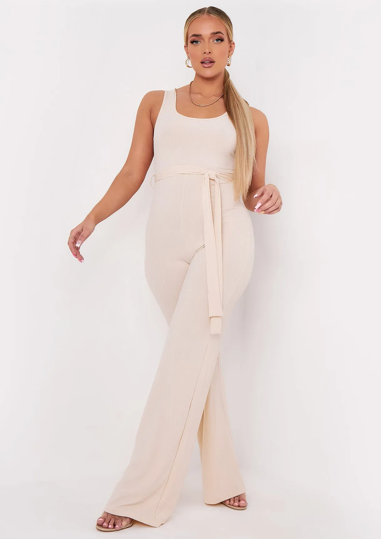 Ruby Beige Ribbed Tie Waist Wide Leg Jumpsuit