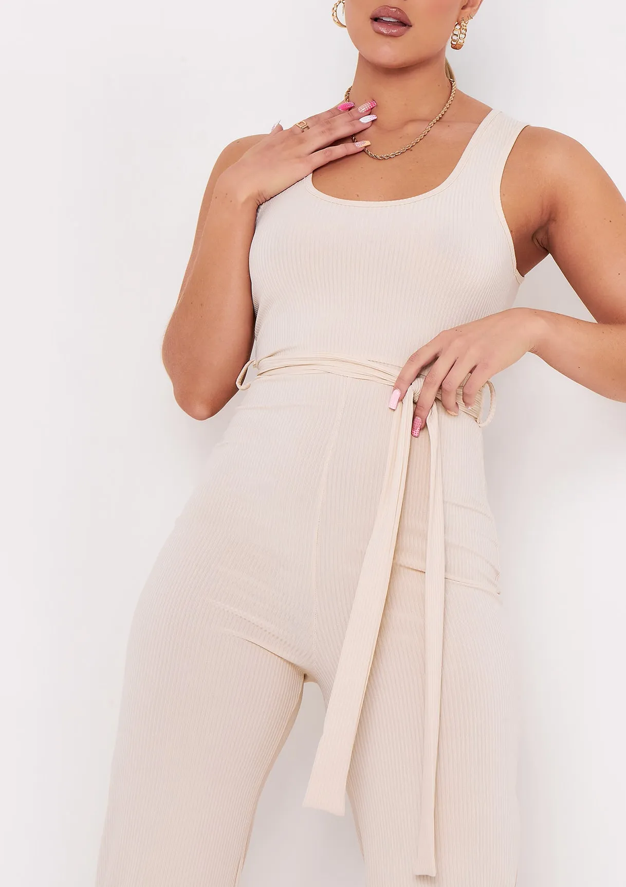 Ruby Beige Ribbed Tie Waist Wide Leg Jumpsuit