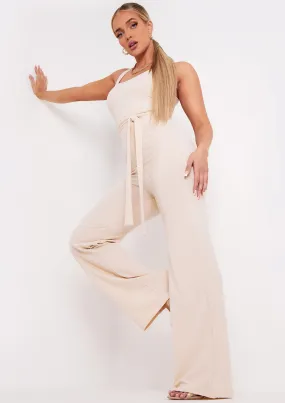 Ruby Beige Ribbed Tie Waist Wide Leg Jumpsuit