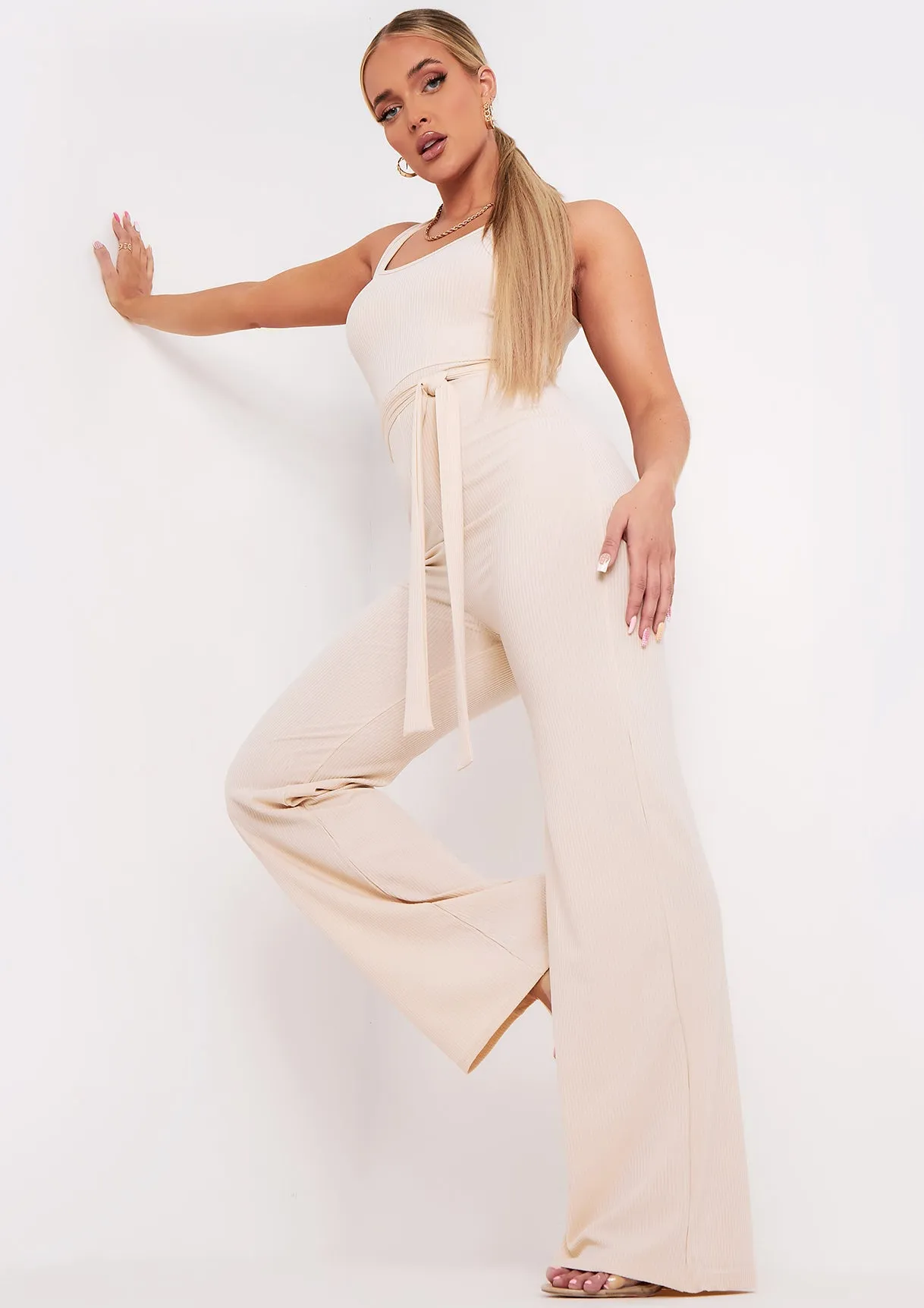 Ruby Beige Ribbed Tie Waist Wide Leg Jumpsuit