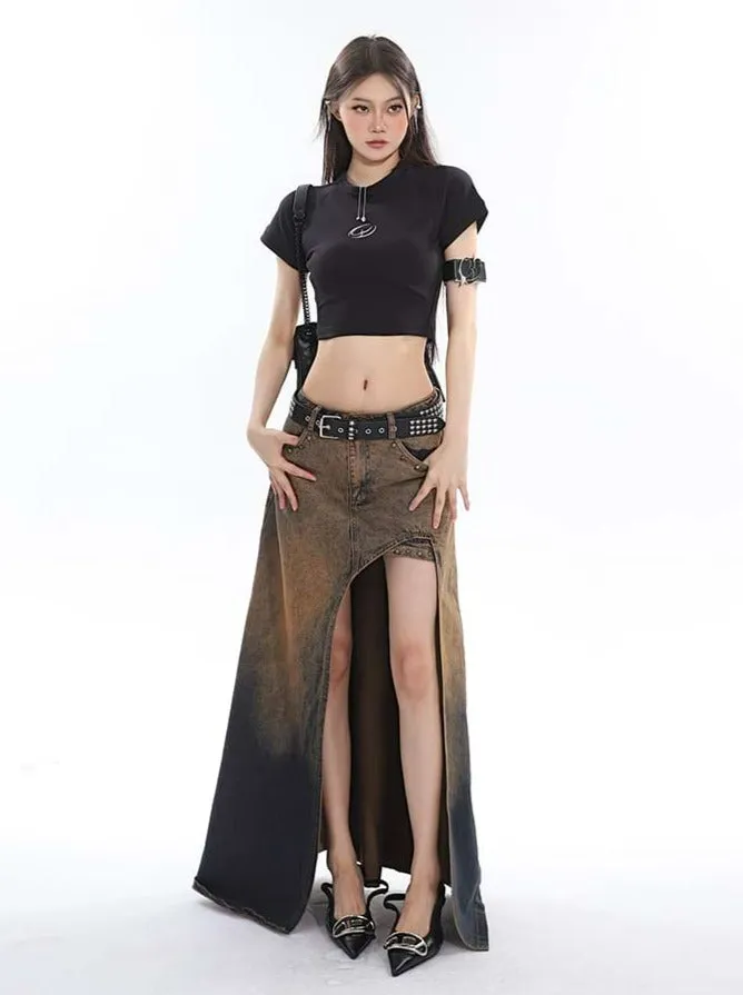 Sandblast High-Low Denim Midi Skirt