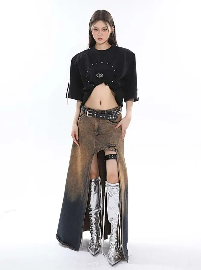 Sandblast High-Low Denim Midi Skirt