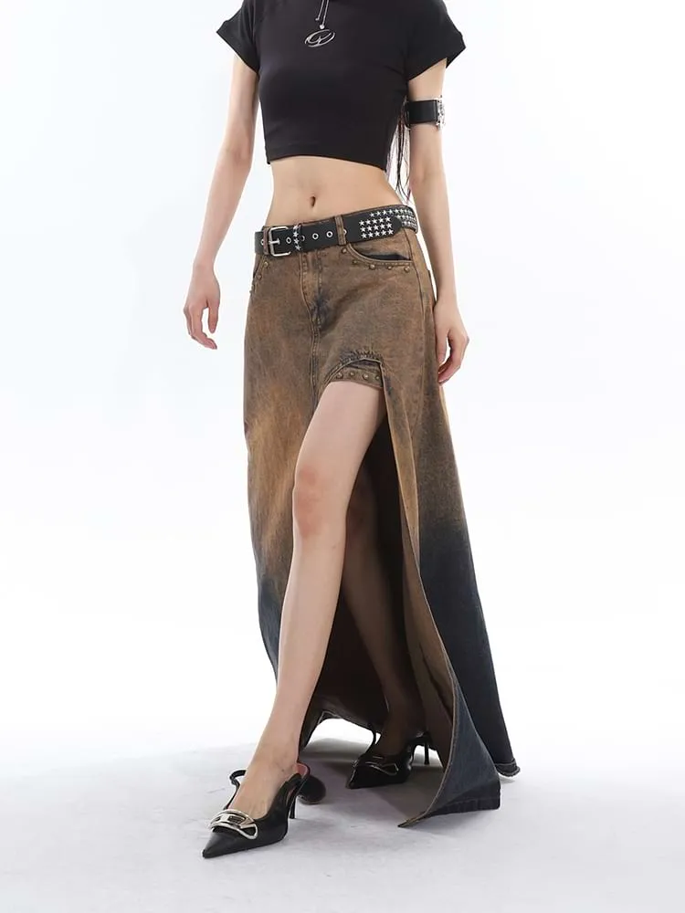 Sandblast High-Low Denim Midi Skirt