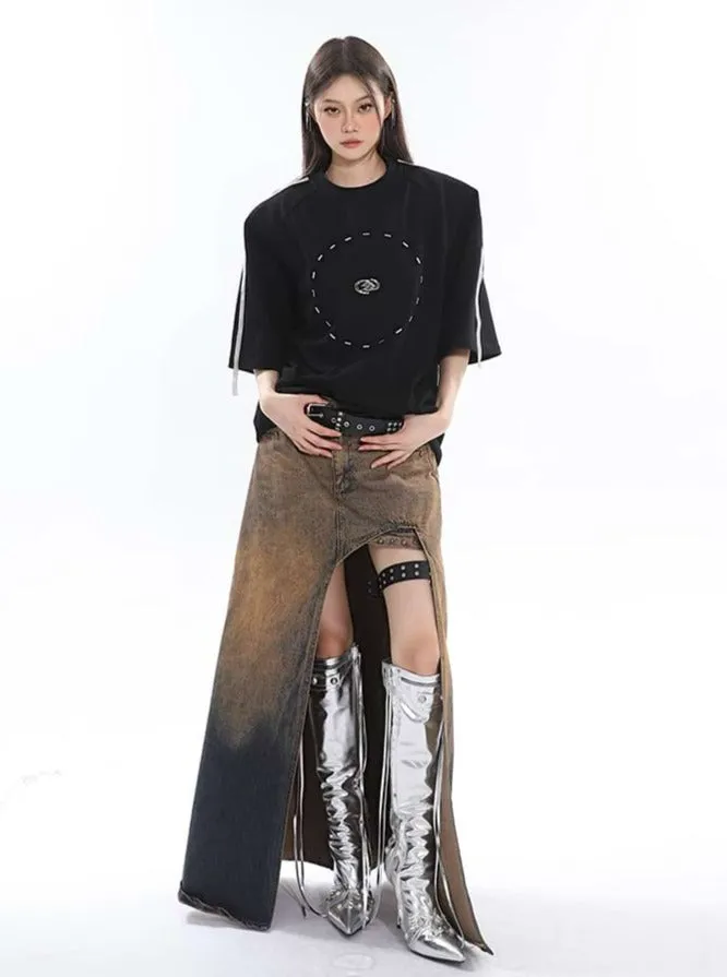 Sandblast High-Low Denim Midi Skirt