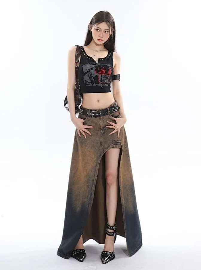 Sandblast High-Low Denim Midi Skirt