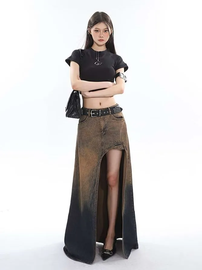 Sandblast High-Low Denim Midi Skirt