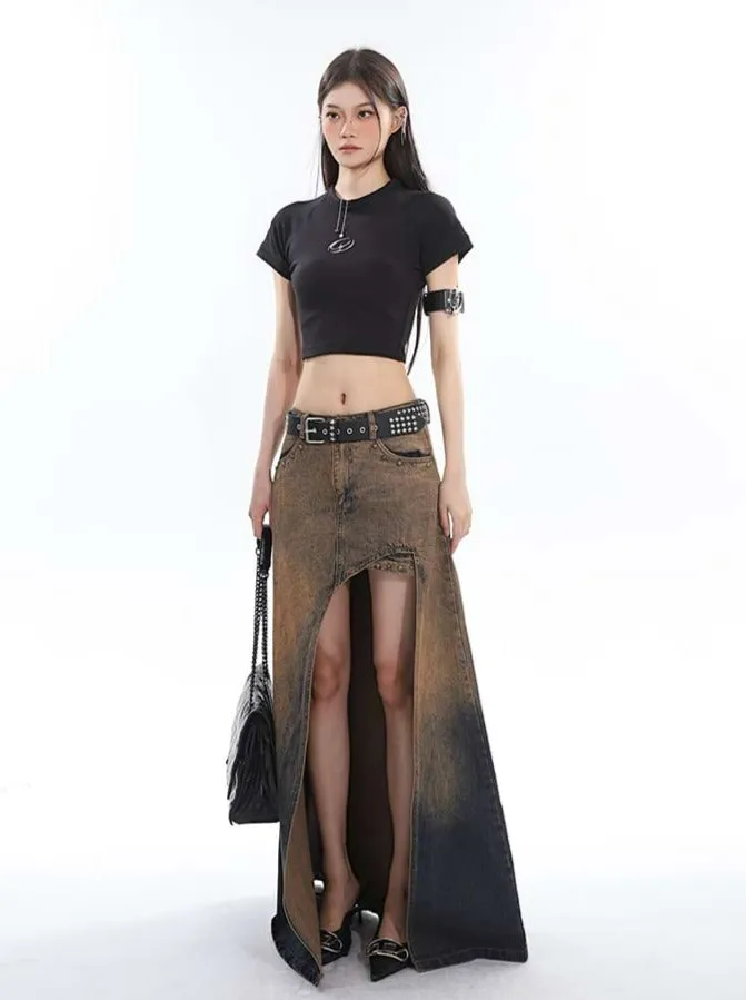 Sandblast High-Low Denim Midi Skirt