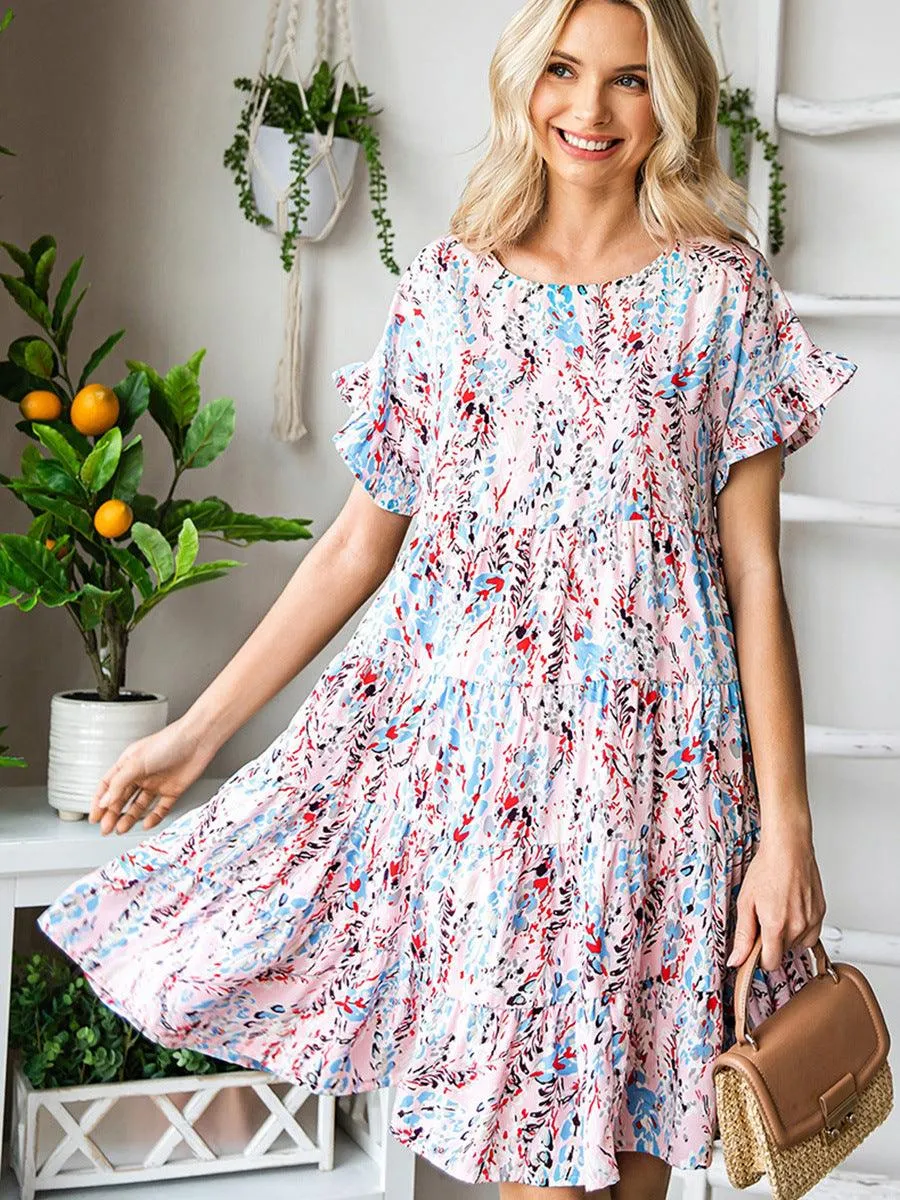 Short Sleeve Printed Dress Summer Casual Layered Ruffles