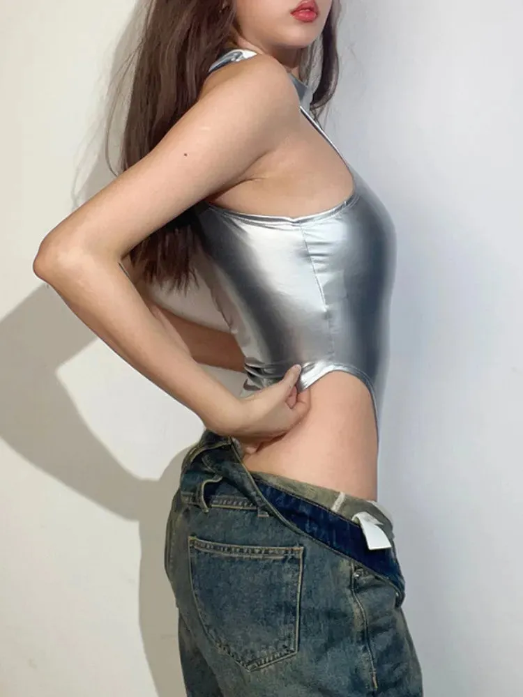 Silver Sleeveless O-neck Bodysuit
