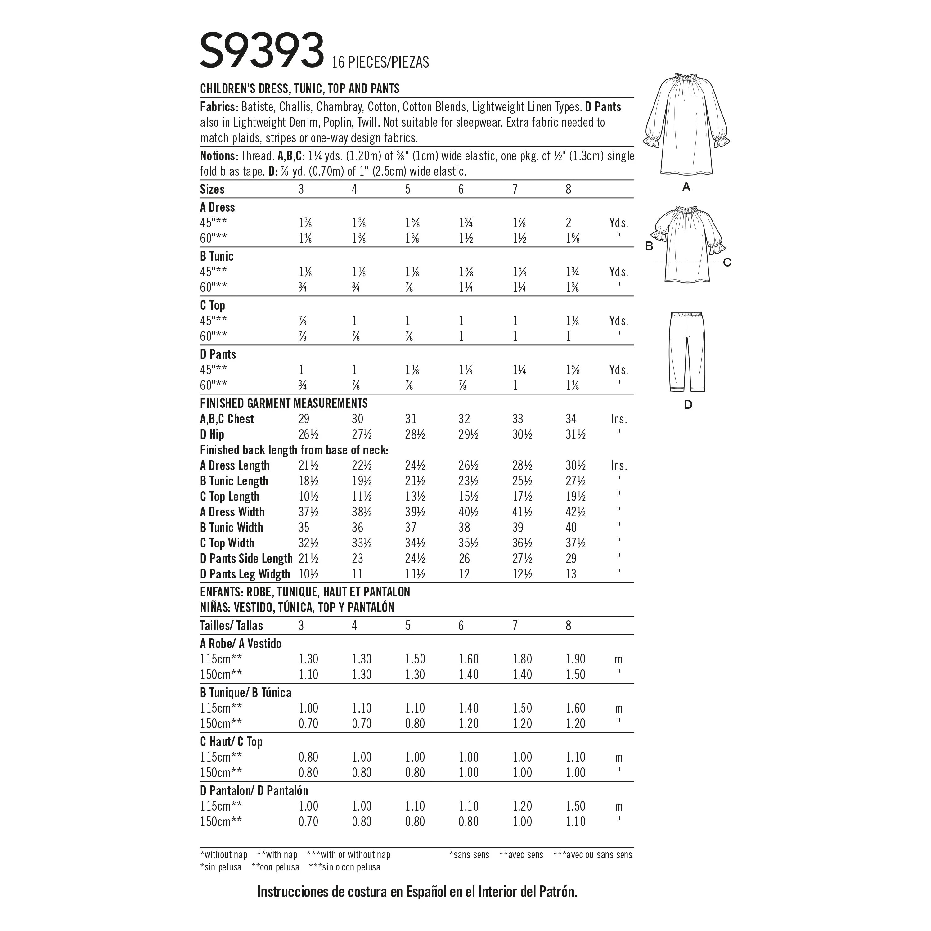 Simplicity Sewing Pattern 9393 Children's Dress, Tunic, Top and Pants