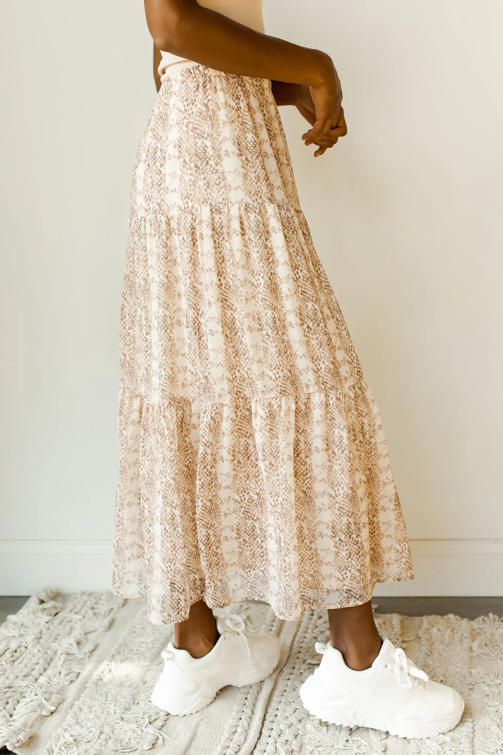 snake print tiered midi skirt