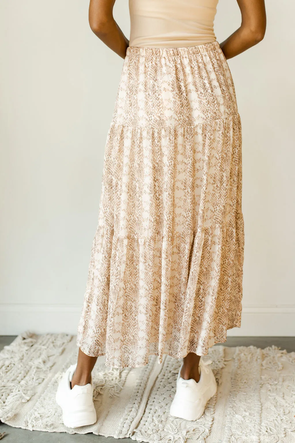 snake print tiered midi skirt