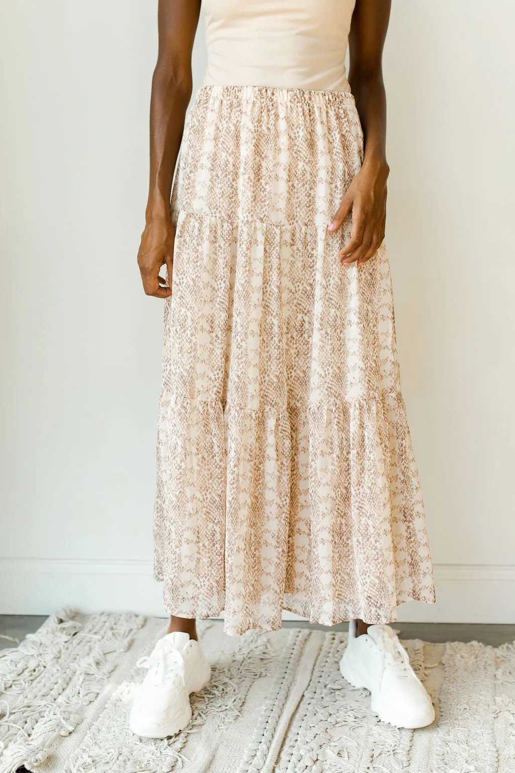 snake print tiered midi skirt