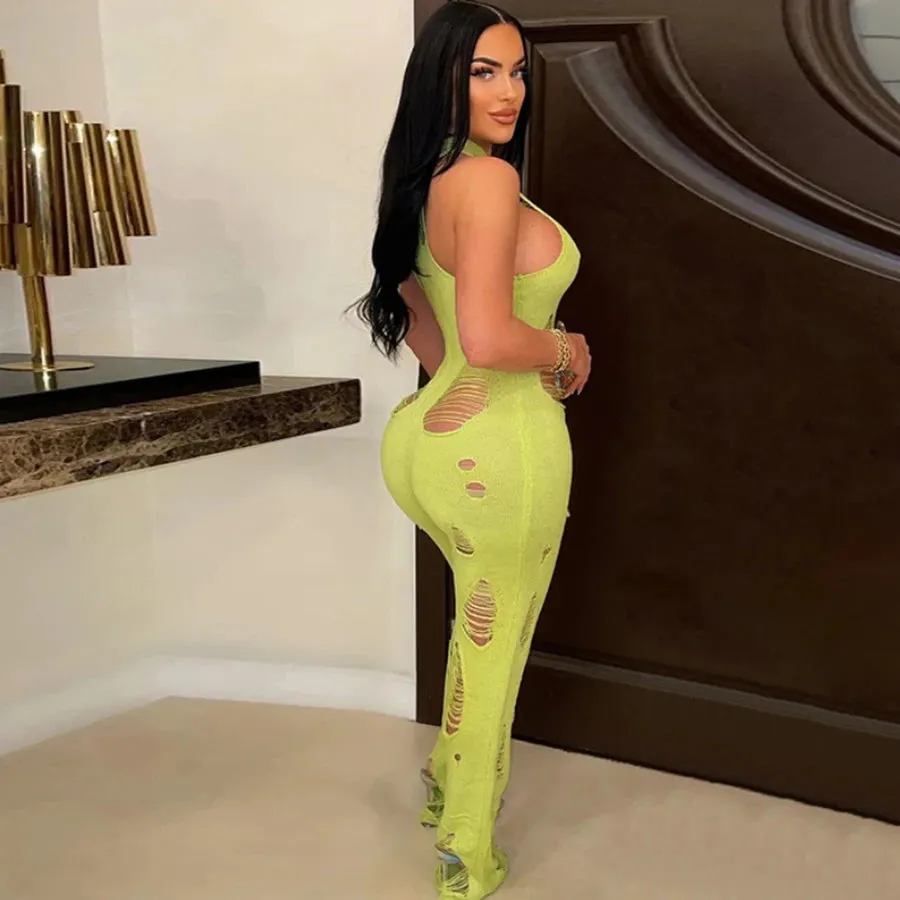 Solid Knitted Jumpsuit Unique Hipster Holes Ladies Jumpsuit Hollow Out Sexy Jumpsuits