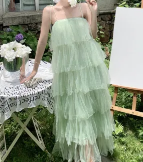 Spaghetti Strap Fairy Layered Cake Dress Mesh Dress Long Skirt 1933