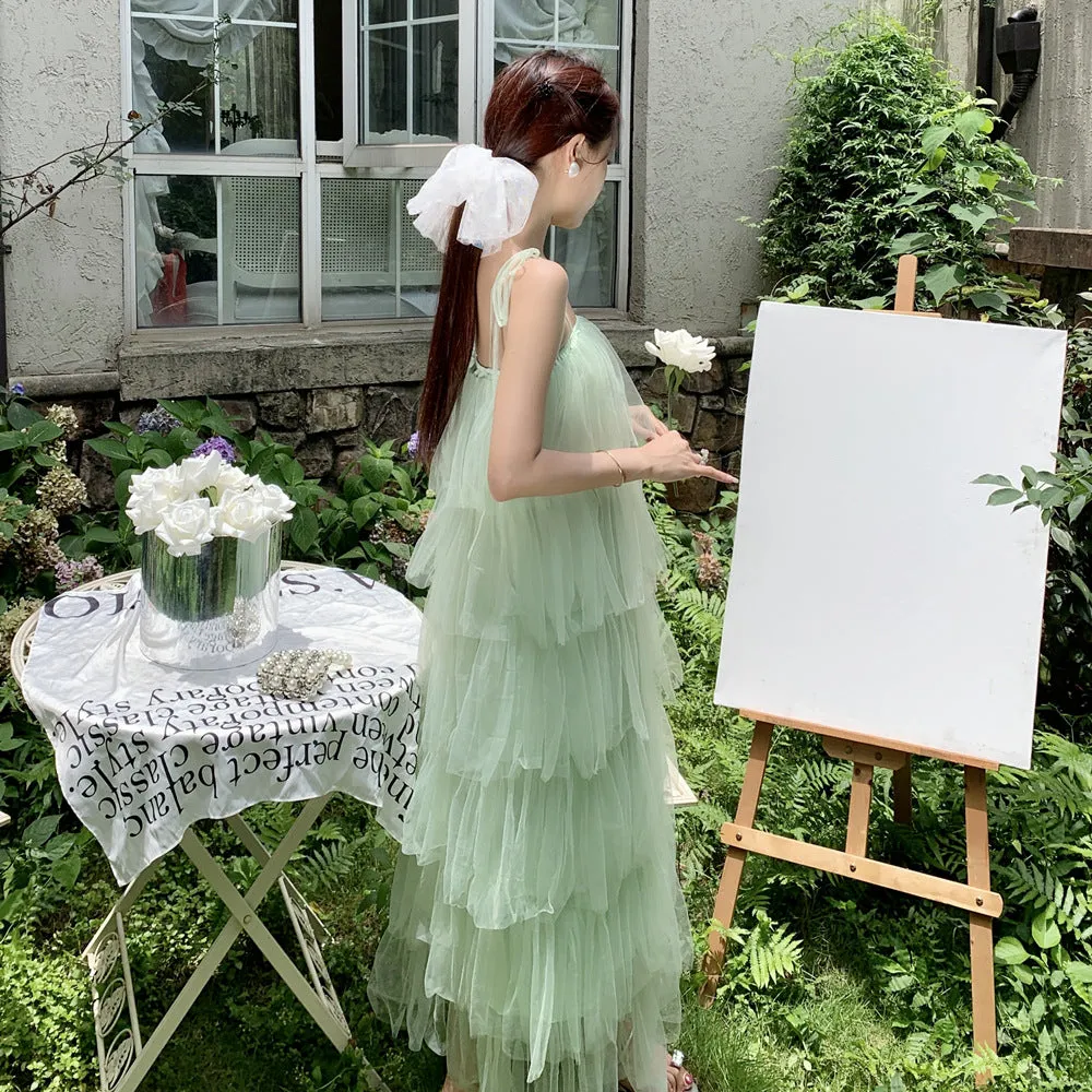 Spaghetti Strap Fairy Layered Cake Dress Mesh Dress Long Skirt 1933