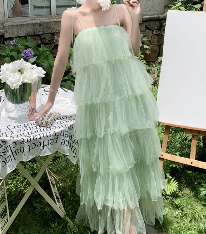 Spaghetti Strap Fairy Layered Cake Dress Mesh Dress Long Skirt 1933