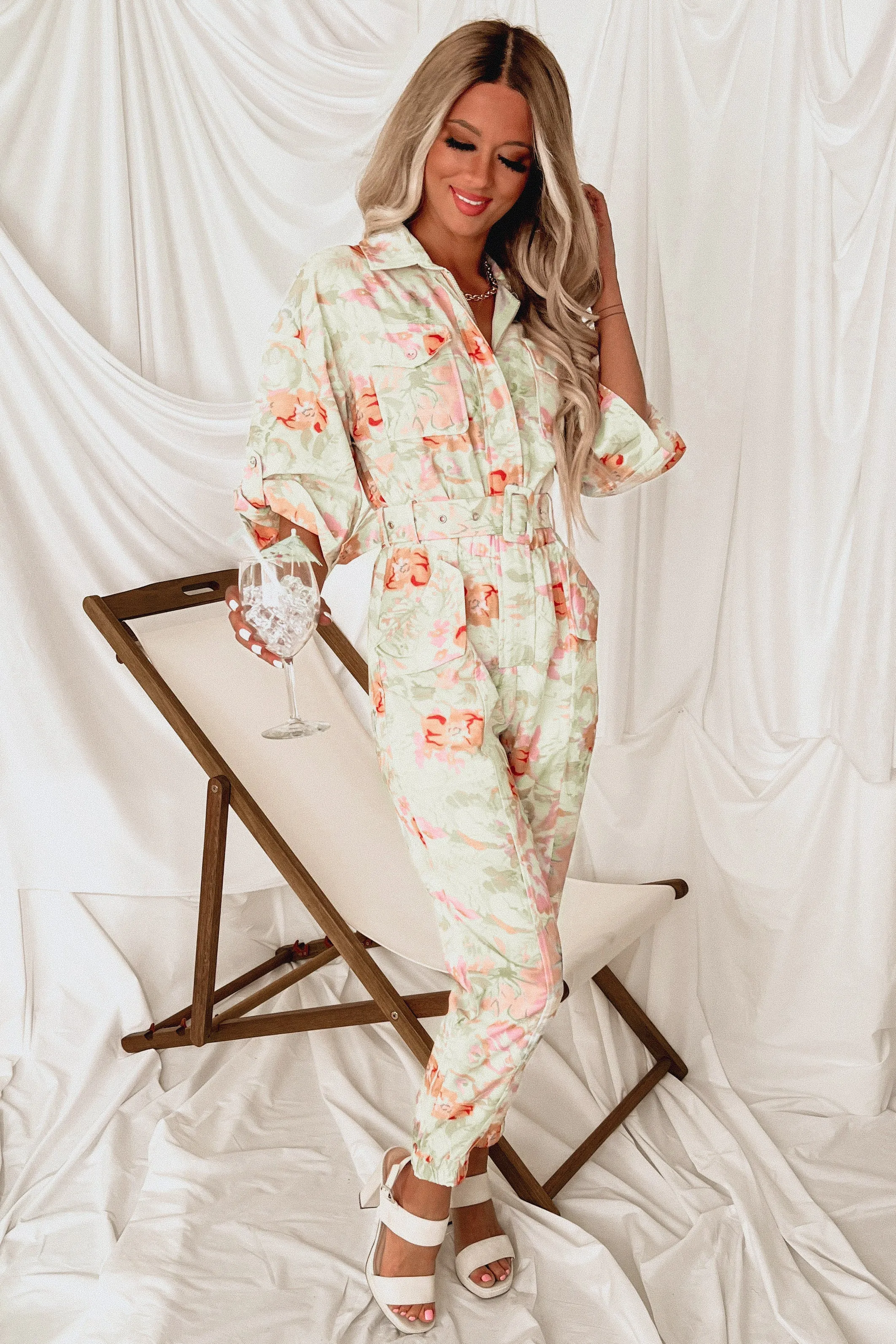 Taking It Back Floral Belted Jumpsuit (Lime/Multi)