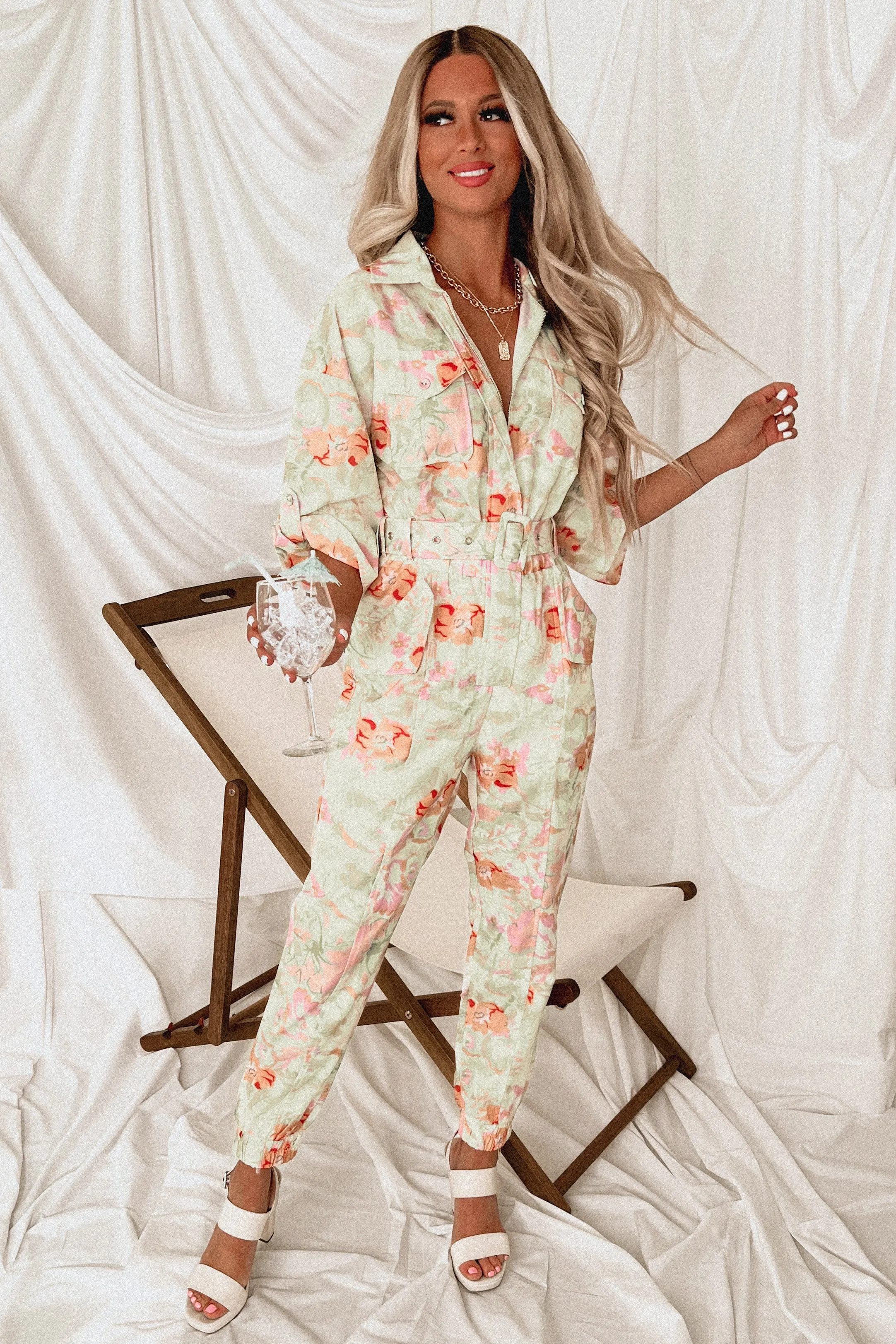 Taking It Back Floral Belted Jumpsuit (Lime/Multi)