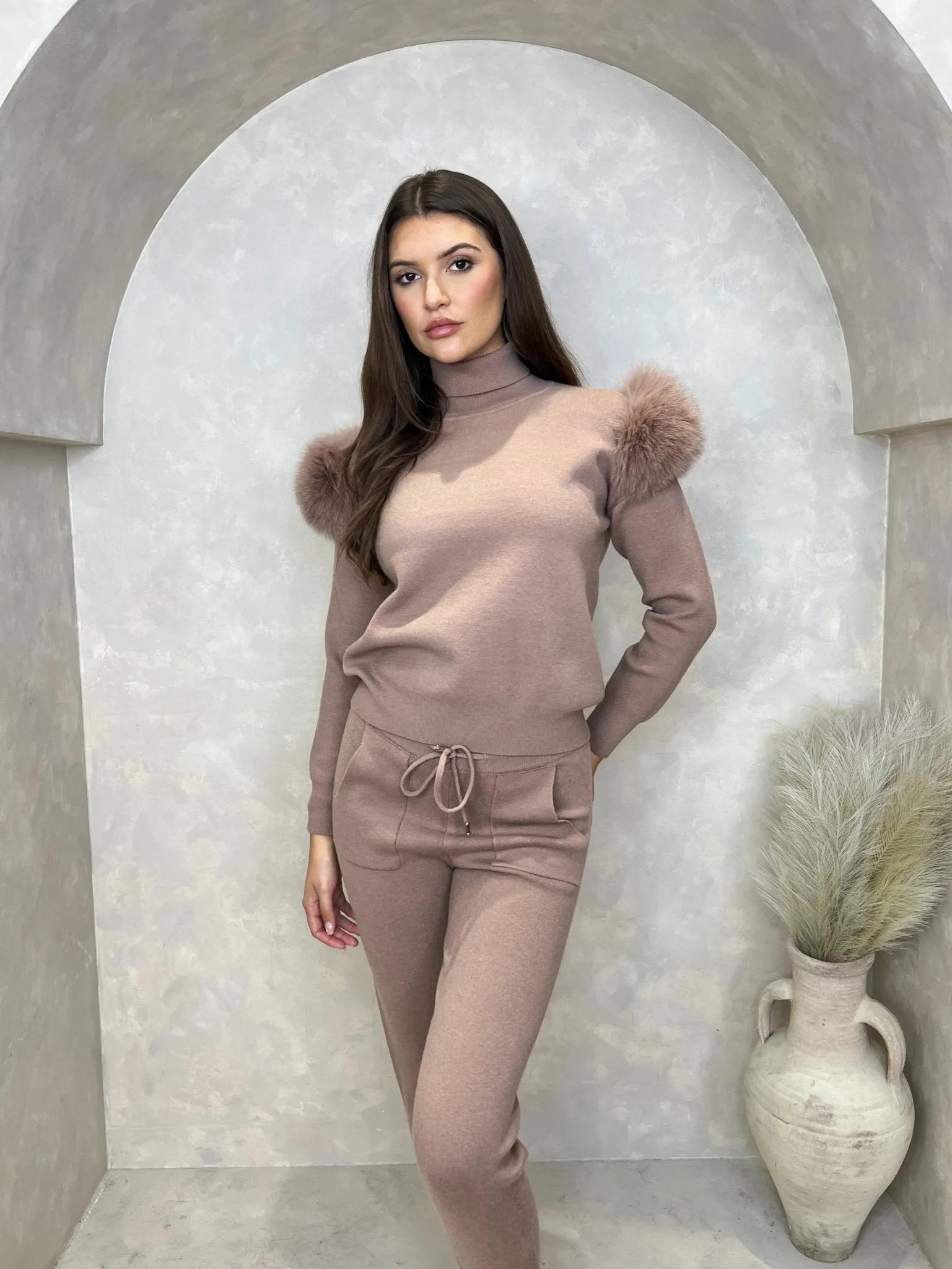 Taupe Luxury Fur Roll Neck Jogger Tracksuit
