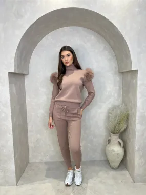 Taupe Luxury Fur Roll Neck Jogger Tracksuit
