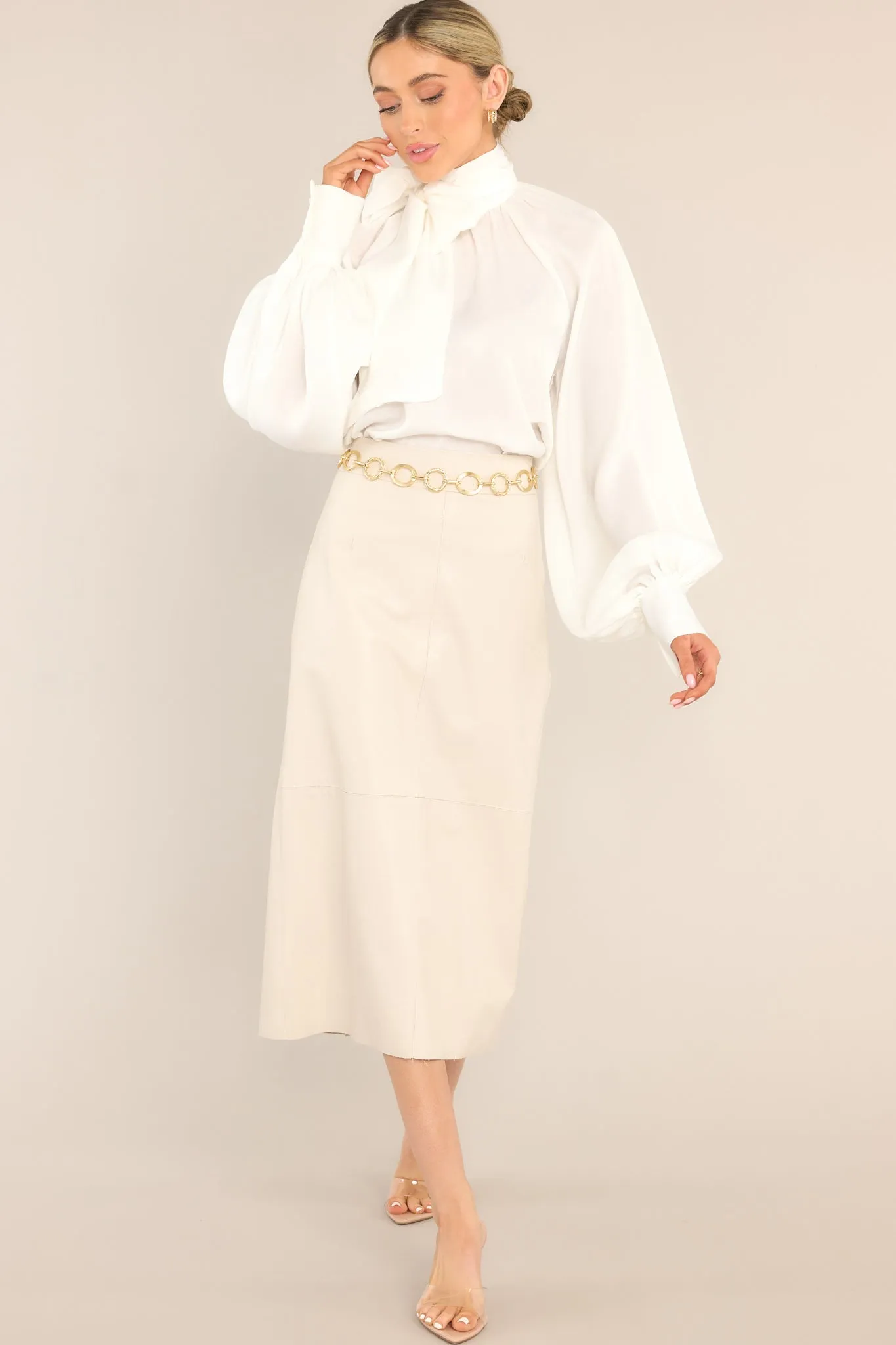 Through Open Doors Bone Faux Leather Midi Skirt
