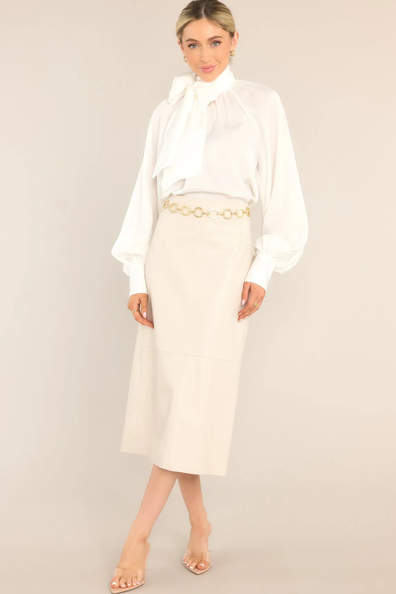 Through Open Doors Bone Faux Leather Midi Skirt