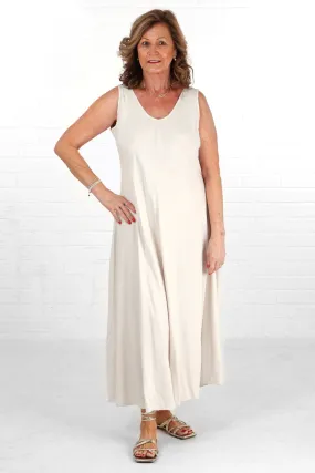 V-Neck Maxi Trapeze Dress in Cream