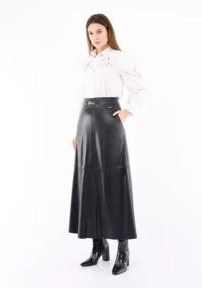 Vegan Leather Maxi Black Skirt with Pockets and Metal Accessories Around Waist
