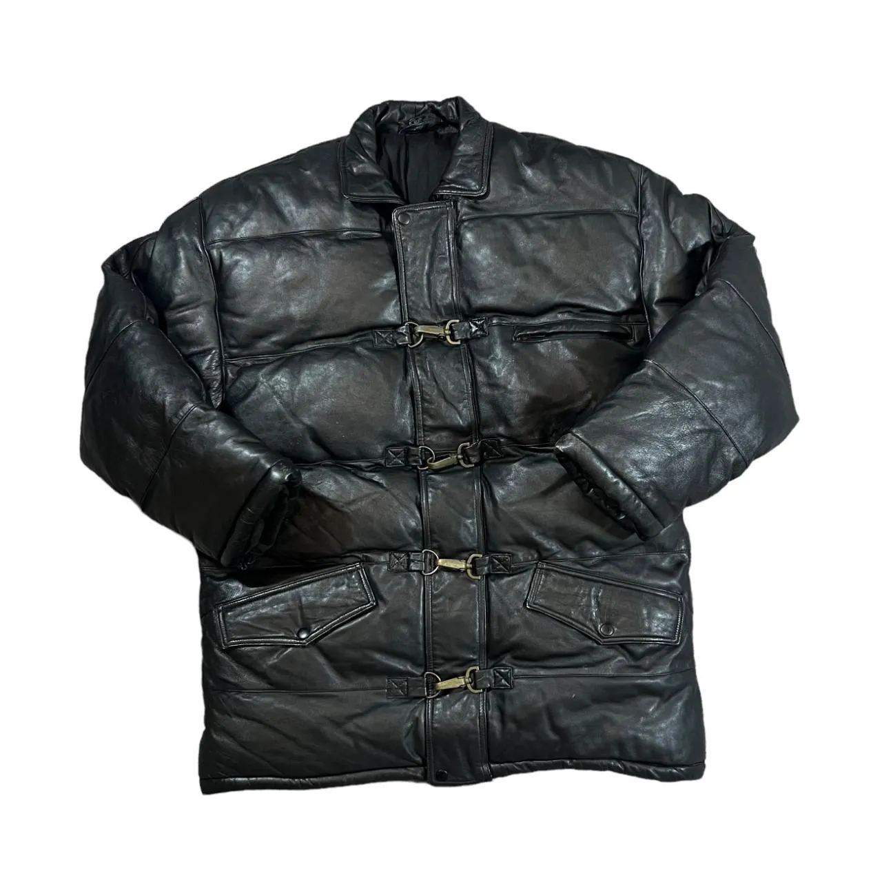 Vintage Genuine Real Black Leather Padded Puffer Jacket Coat
