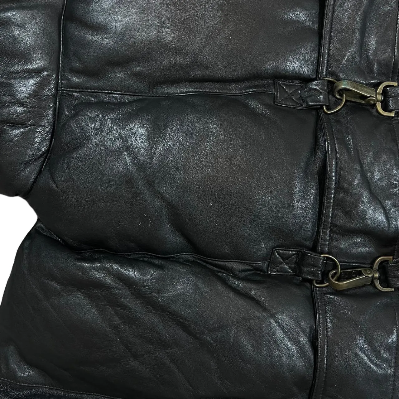 Vintage Genuine Real Black Leather Padded Puffer Jacket Coat