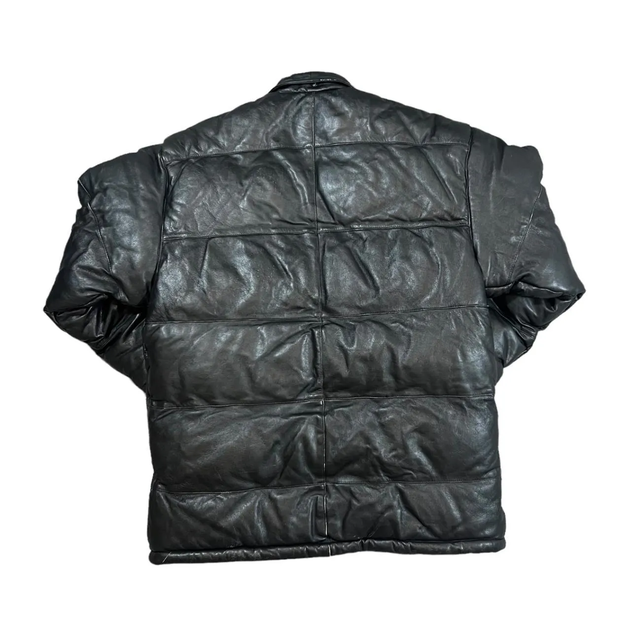 Vintage Genuine Real Black Leather Padded Puffer Jacket Coat
