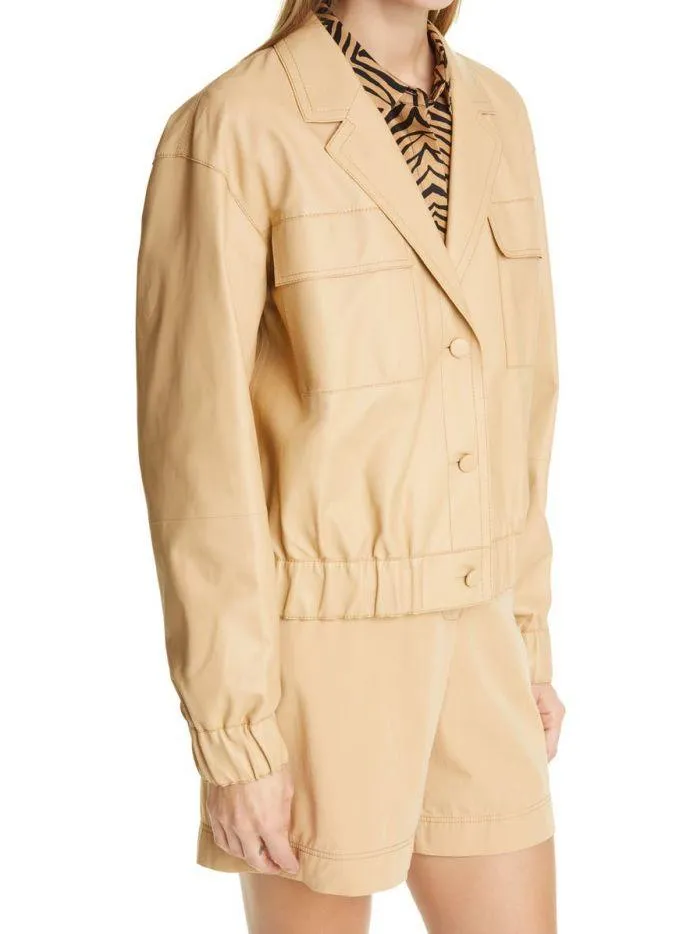 Women Beige Leather Bomber Jacket Online | QAWACH