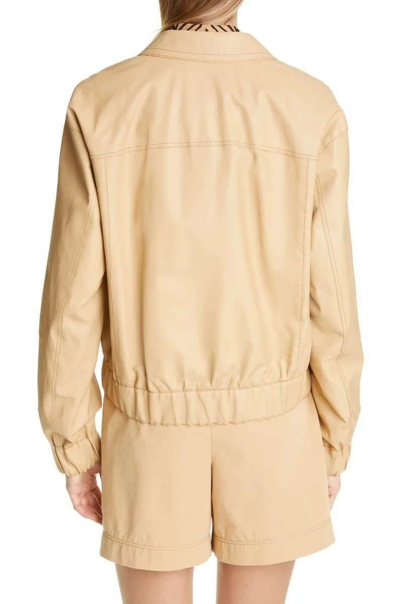 Women Beige Leather Bomber Jacket Online | QAWACH